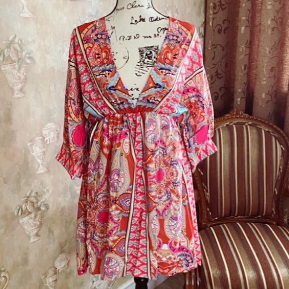 LARGE AVAILABLE GYPSY BOHO MIXED PRINT DRESS NWT - Picture 3 of 4